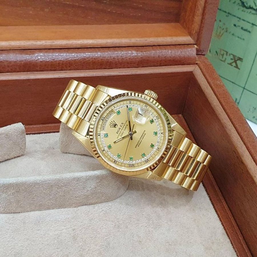 【大眾名錶】ROLEX 勞力士 18238 Day-Date 蠔式18K金 綠寶多層鑽面盤 原面未翻寫 錶徑36mm G130-4