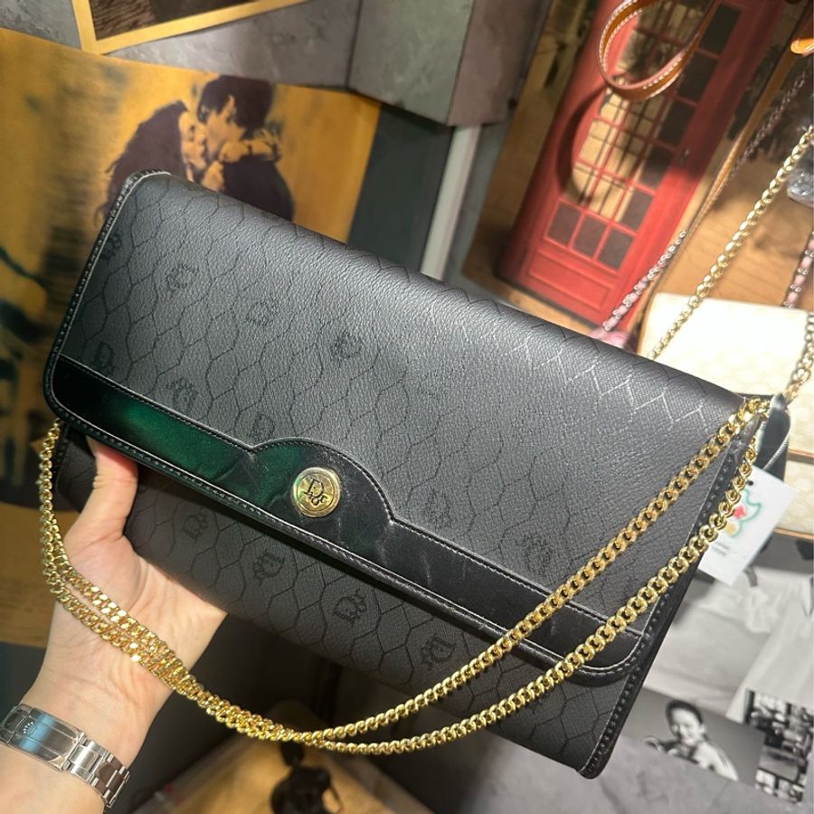 迪奧 Christian Dior 黑色蜂巢格紋 老花絕版古董級Vintage 鏈帶信封包 斜背包 肩背包 側背包-2
