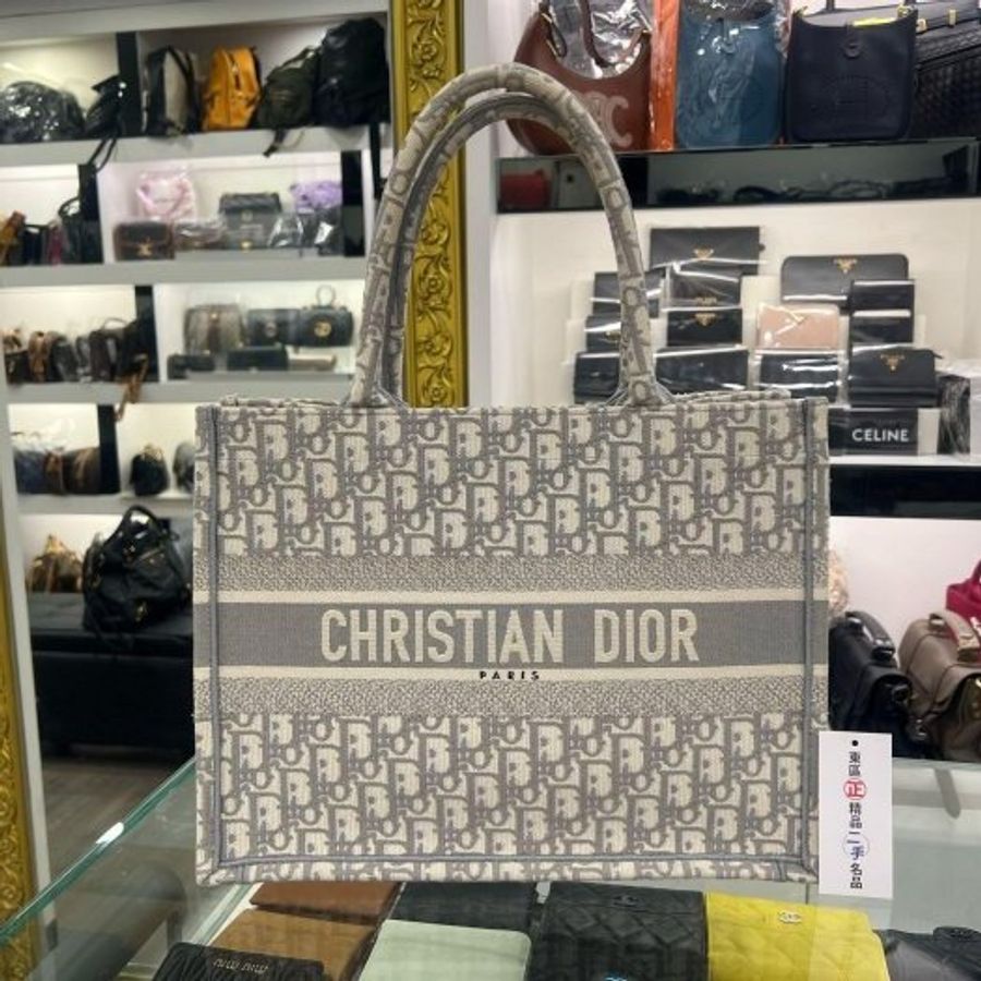 東區正精品㊣CHRISTIAN Dior Book Tote 米白色灰色老花刺繡購物袋包手提包中款 RZ6490-0