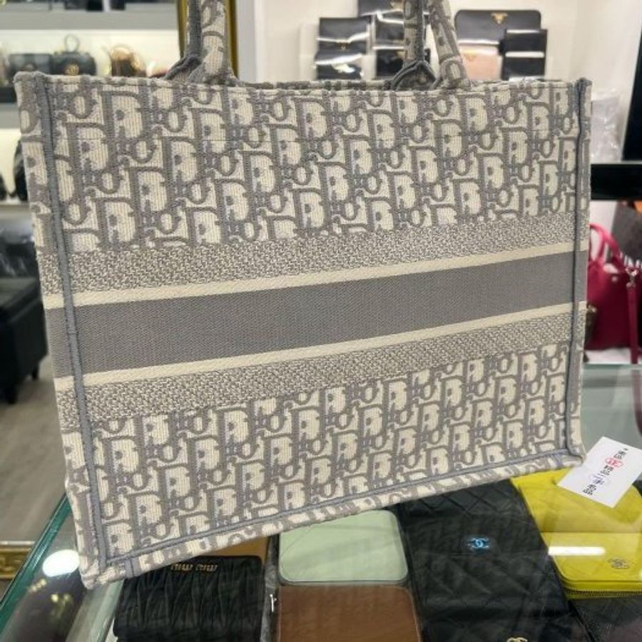 東區正精品㊣CHRISTIAN Dior Book Tote 米白色灰色老花刺繡購物袋包手提包中款 RZ6490-4