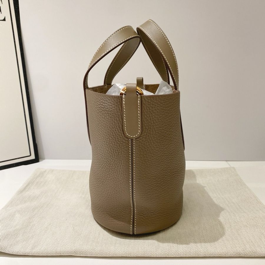 Hermes 愛馬仕 豬鼻子菜籃子手提包 大象灰 金扣 附件:塵袋-2