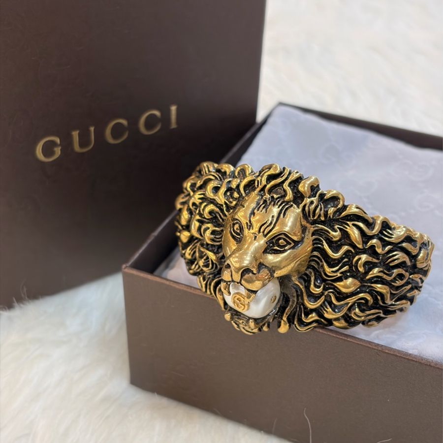 GUCCI 金獅 獅子 獅頭 LION 實心 黃銅 珍珠 招財 霸氣 發財 手環 手鐲-0
