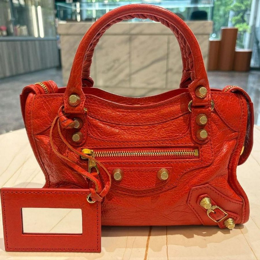 BALENCIAGA 巴黎世家 經典Giant Mini City金釦機車包(迷你-橘紅色)-1