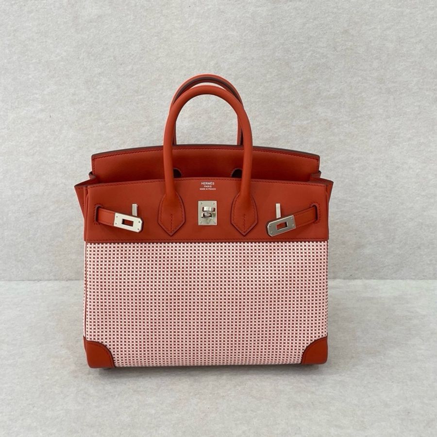 Hermes 愛馬仕 birkin25 手提包 磚紅色 帆布拼皮 銀扣-1
