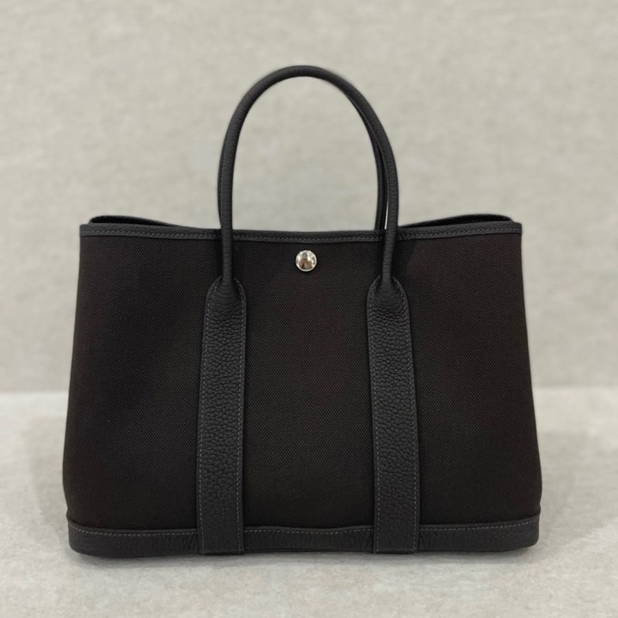 愛馬仕Hermes garden party30花園包30 手提包T3棗棕色 帆布拼皮 銀扣-0