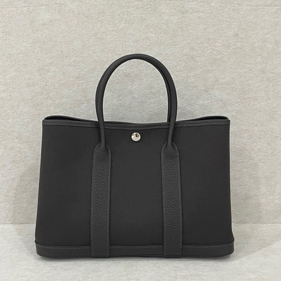愛馬仕Hermes garden party30花園包30 手提包T3棗棕色 帆布拼皮 銀扣-1