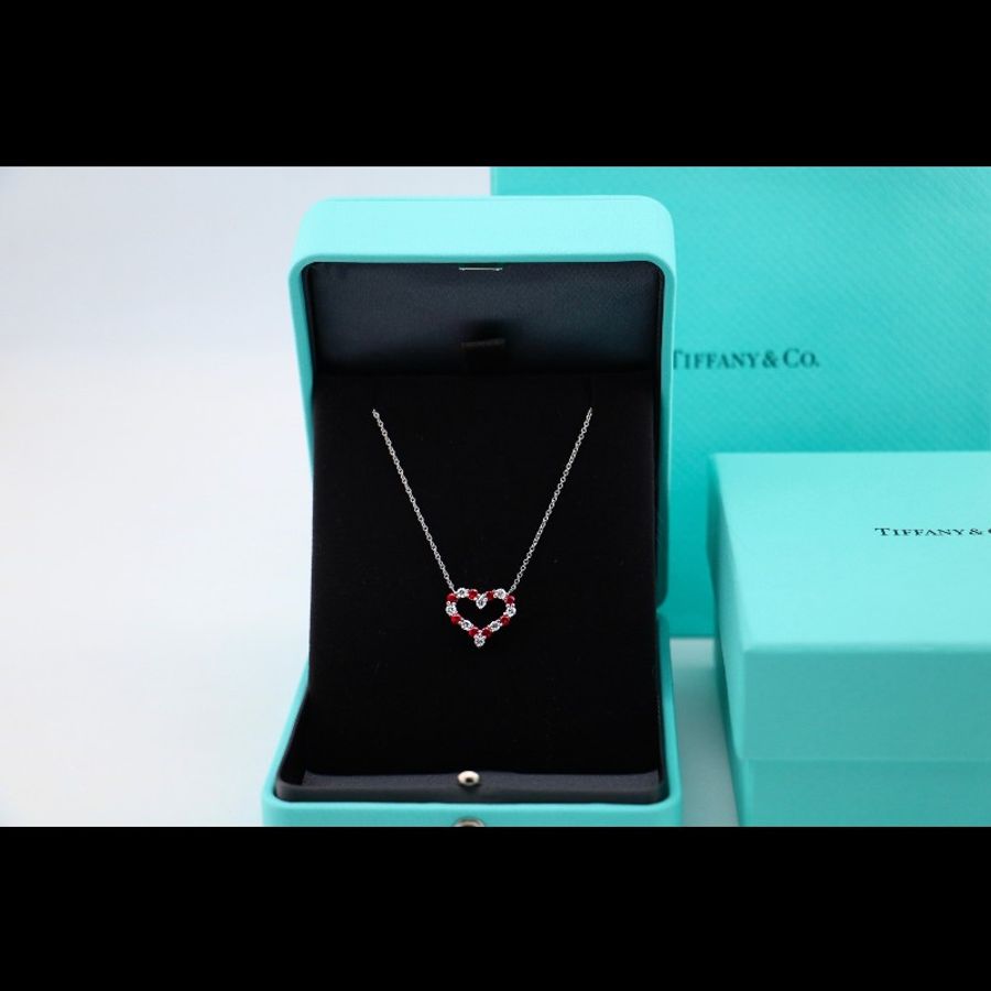 Tiffany 金 滿鑽 紅寶石 heart 愛心 項鍊 中號-0