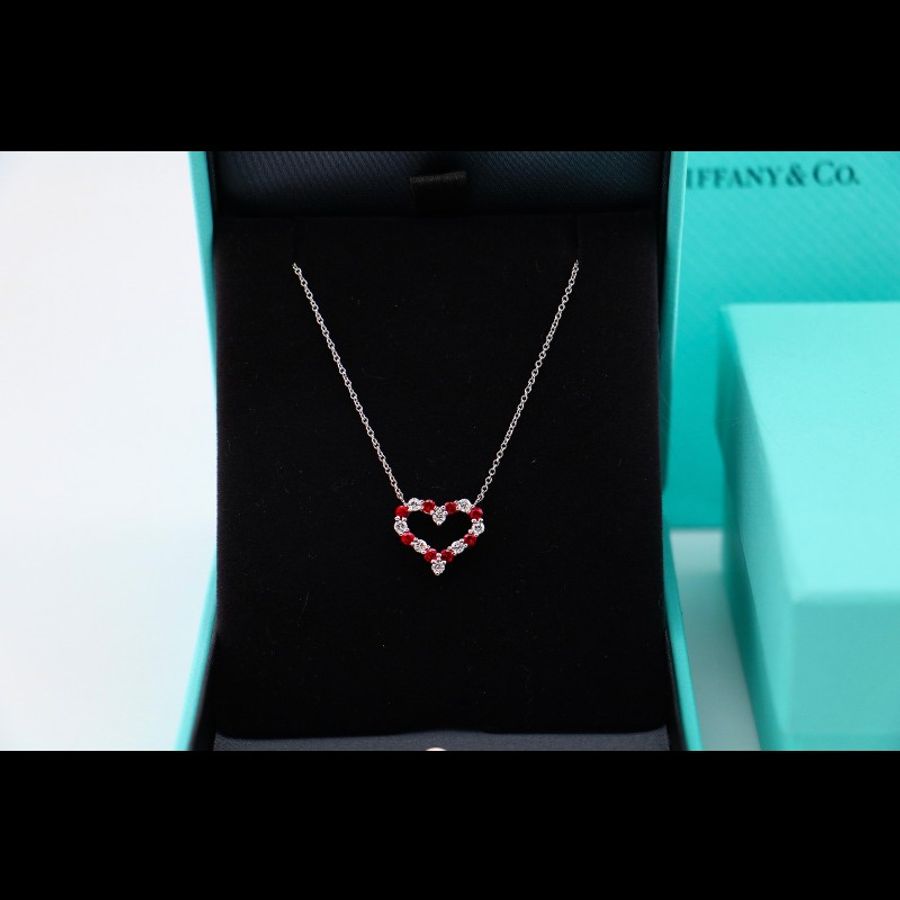 Tiffany 金 滿鑽 紅寶石 heart 愛心 項鍊 中號-2