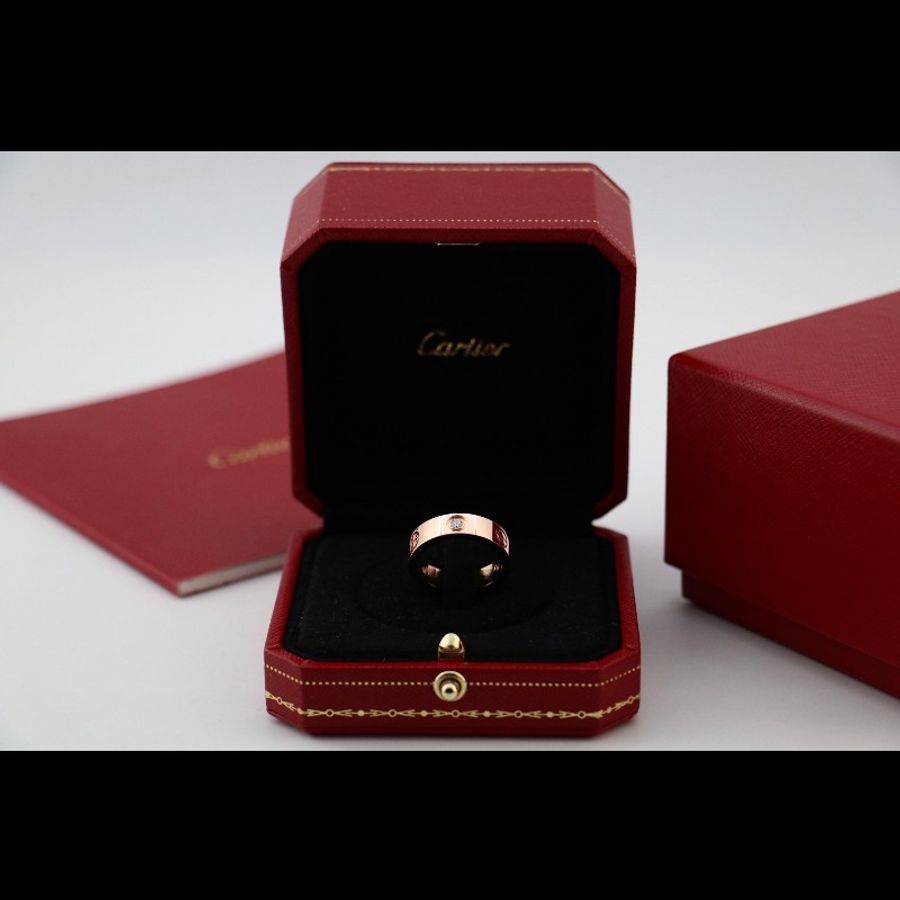 Cartier 18k玫瑰金 三鑽 love 戒指 寬版 64碼-0