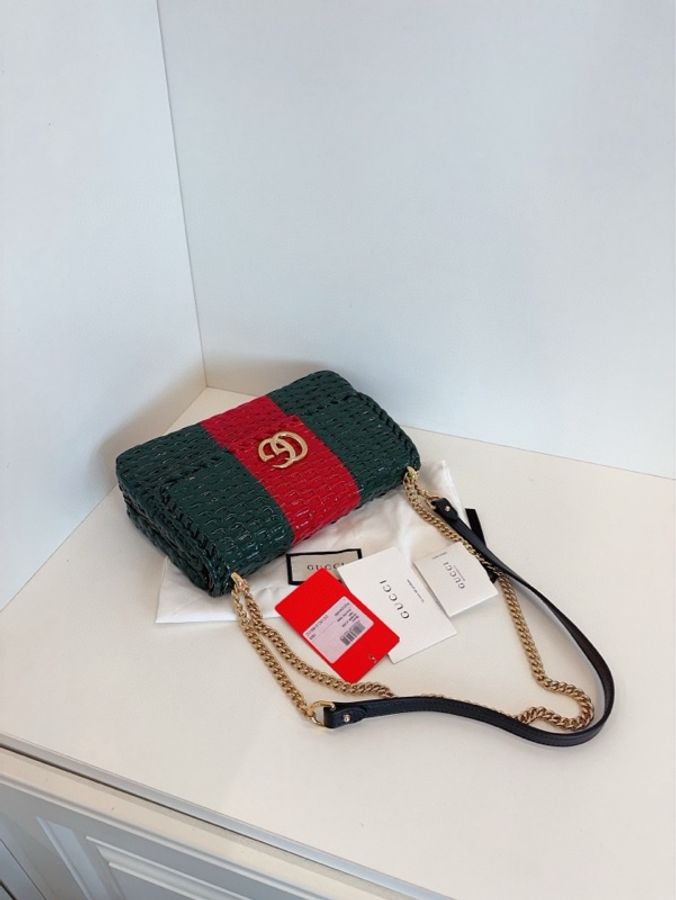 ✨Gucci古馳|紅綠條紋拼色|鏤空竹編包鏈條包|99新-5