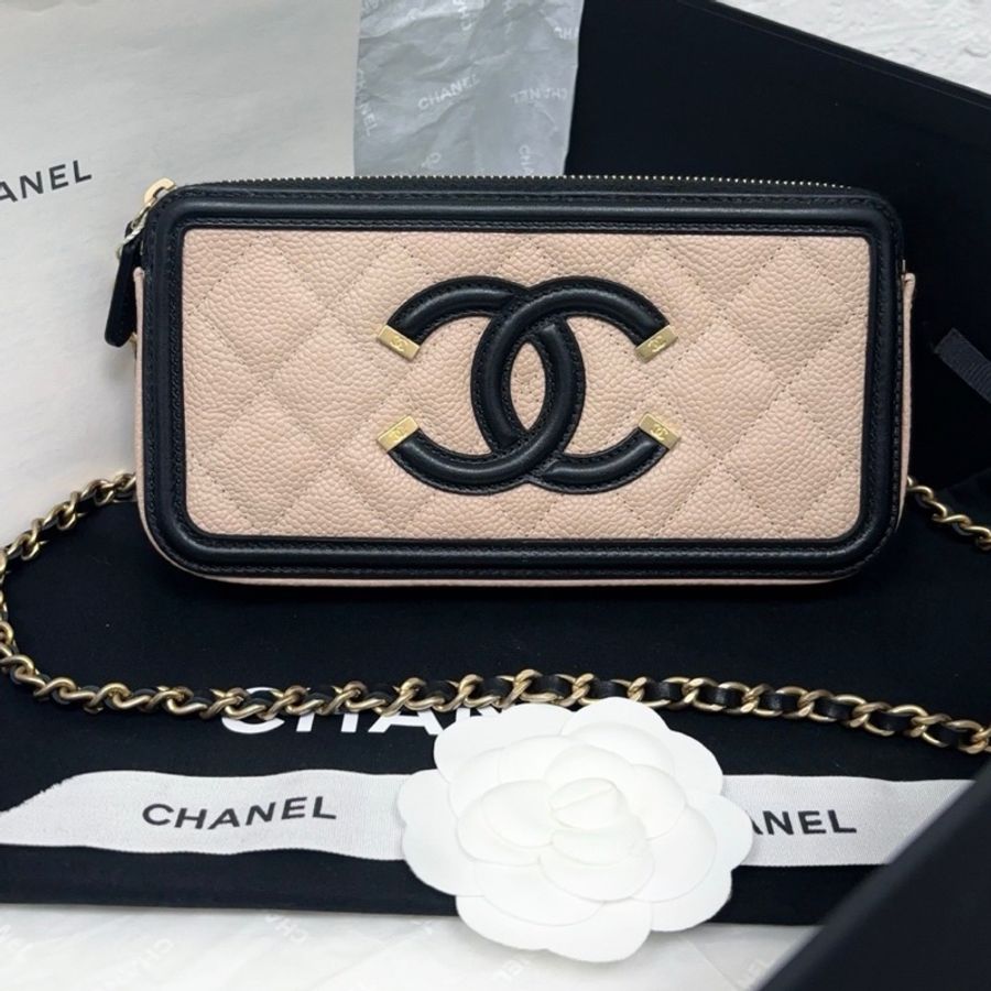Chanel 香奈兒 mini 相機包 27開 經典米黃色拼黑色 荔枝牛皮-0