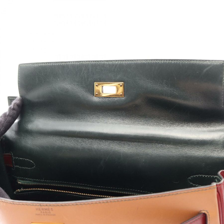愛馬仕 Kelly 32 三色肩背包,Box 小牛皮,棕色/紅色,二手,V GHW-7