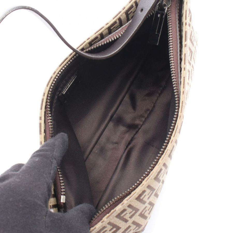 FENDI Zucchino 配件手袋 帆布皮革 米色 棕色 二手 女士-2