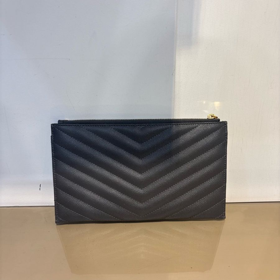 YSL 灰荔枝牛皮扁型一字拉長夾-1