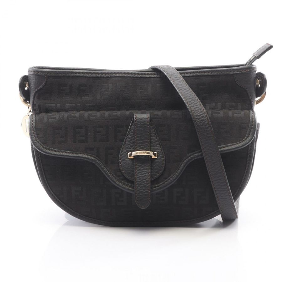 FENDI Zucchino 斜背包單肩包 8BT088 帆布皮革 黑色 二手 女士-0
