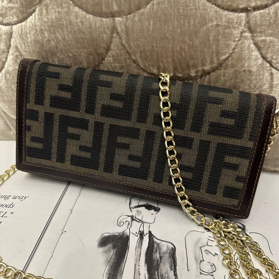 芬迪 FENDI 經典Zucca 老花翻蓋長夾式鏈帶包Wallet on Chain,WOC-1