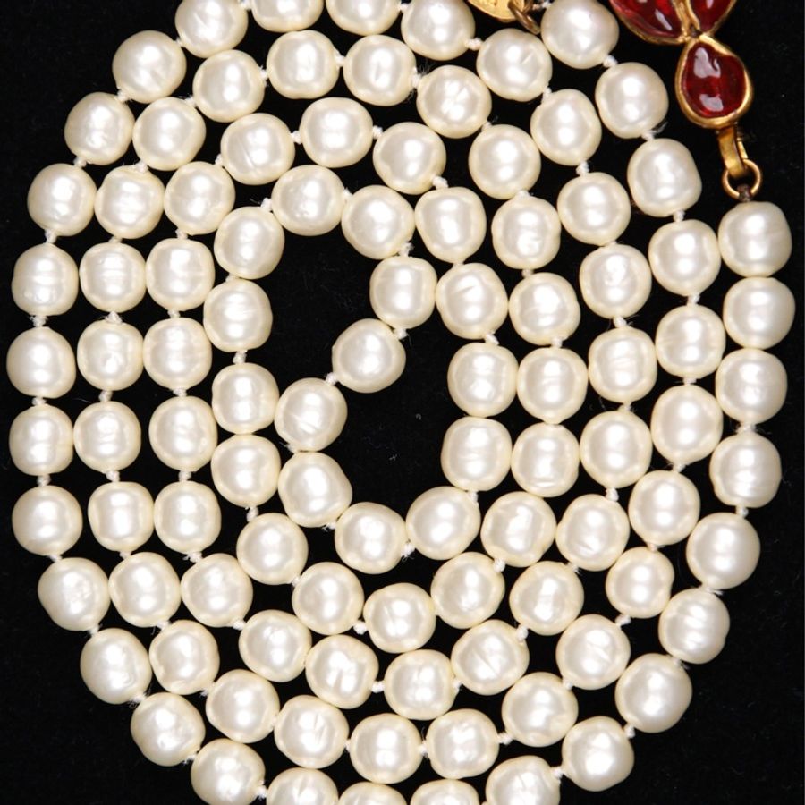 Chanel 红白珍珠琉璃流苏吊坠长项链毛衣链-7