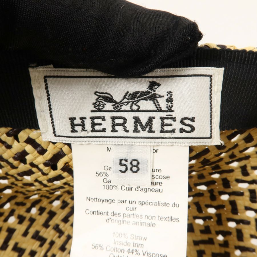 HERMES 稻草/棉質/黏膠纖維/羊皮皮革Tanzania Cap帽子-5