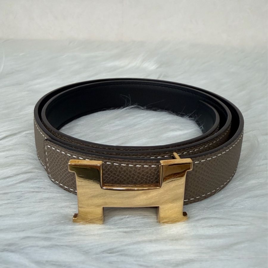 HERMES H LOGO 字母 玫瑰金釦 黑色大象灰色 雙面 牛皮 皮帶 腰帶-1