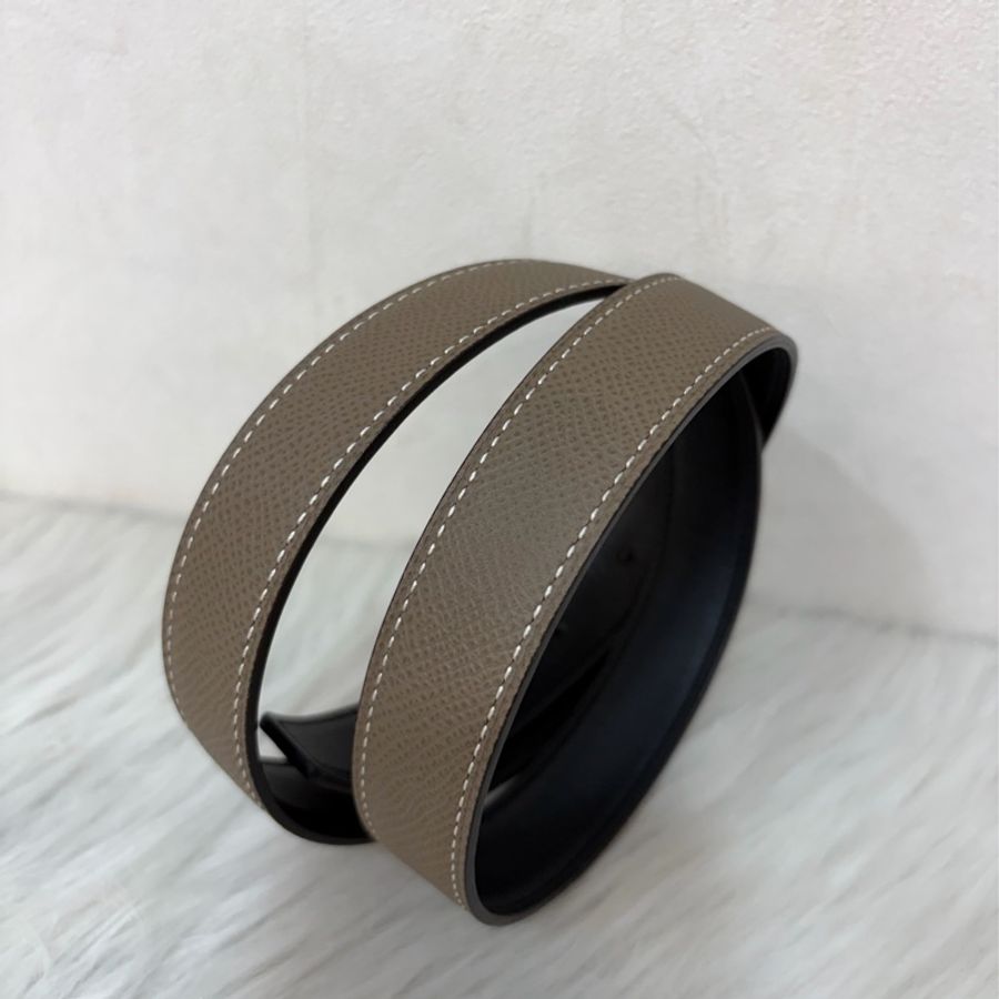 HERMES H LOGO 字母 玫瑰金釦 黑色大象灰色 雙面 牛皮 皮帶 腰帶-17