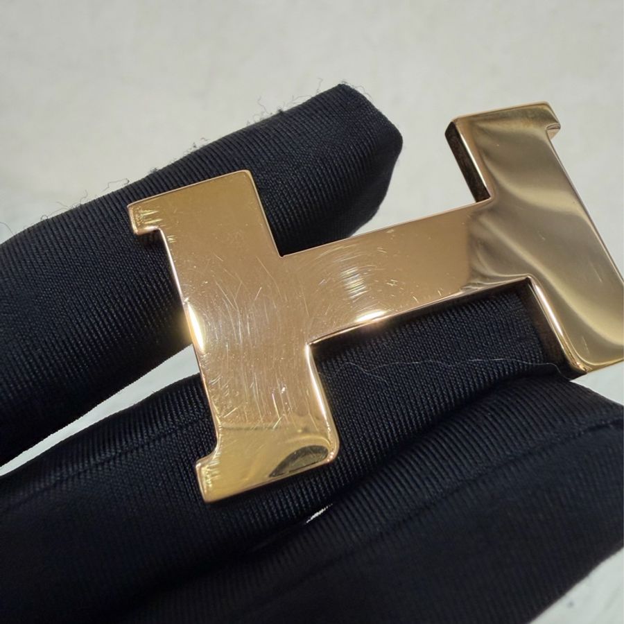 HERMES H LOGO 字母 玫瑰金釦 黑色大象灰色 雙面 牛皮 皮帶 腰帶-18