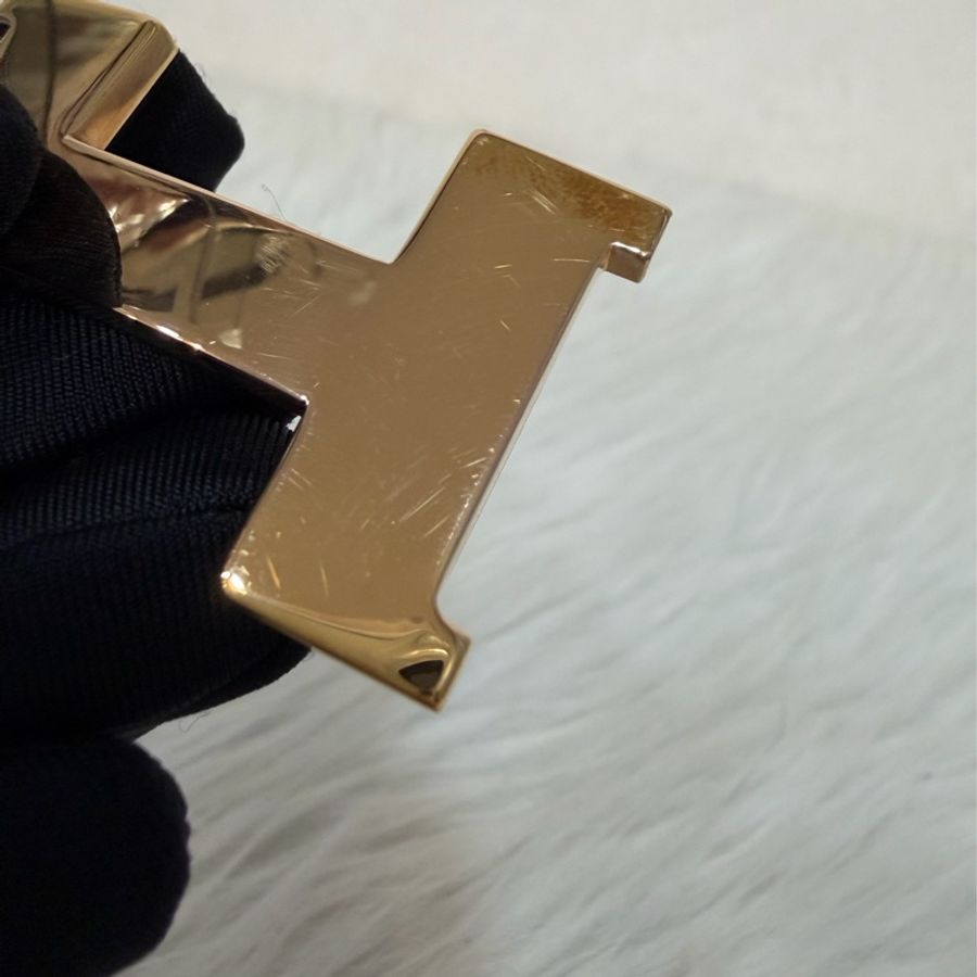 HERMES H LOGO 字母 玫瑰金釦 黑色大象灰色 雙面 牛皮 皮帶 腰帶-19