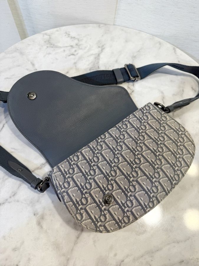 Dior 米灰提花布銀釦馬鞍斜背包-9