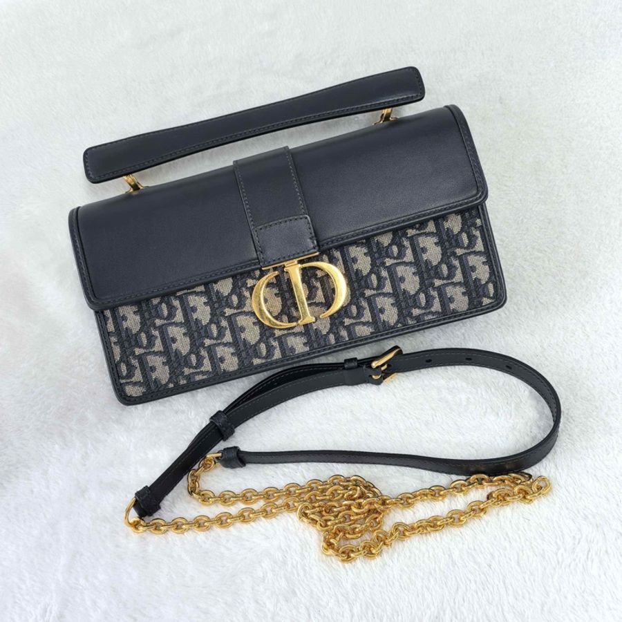 Dior 迪奧 30 montaigne Top handle 老花斜挎包 藍色 金扣-0