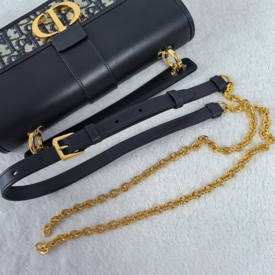 Dior 迪奧 30 montaigne Top handle 老花斜挎包 藍色 金扣-7