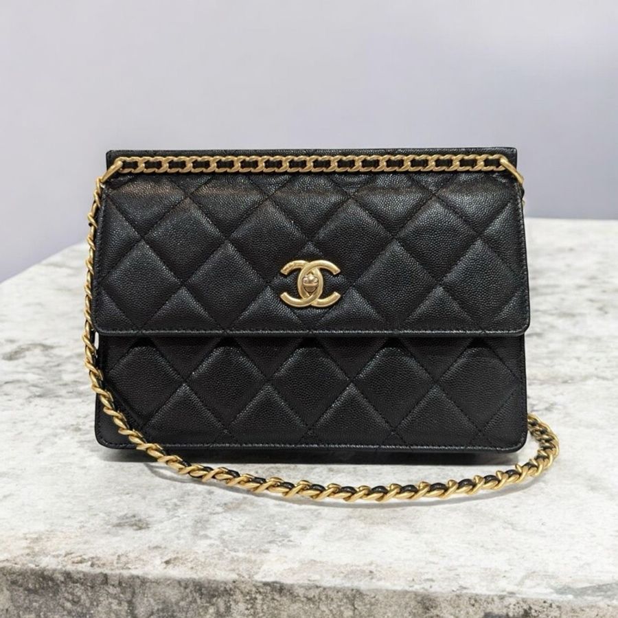 莉亞精品♡ Chanel AS4157 23A 黑金荔枝皮上鍊翻蓋包 二手美包-0
