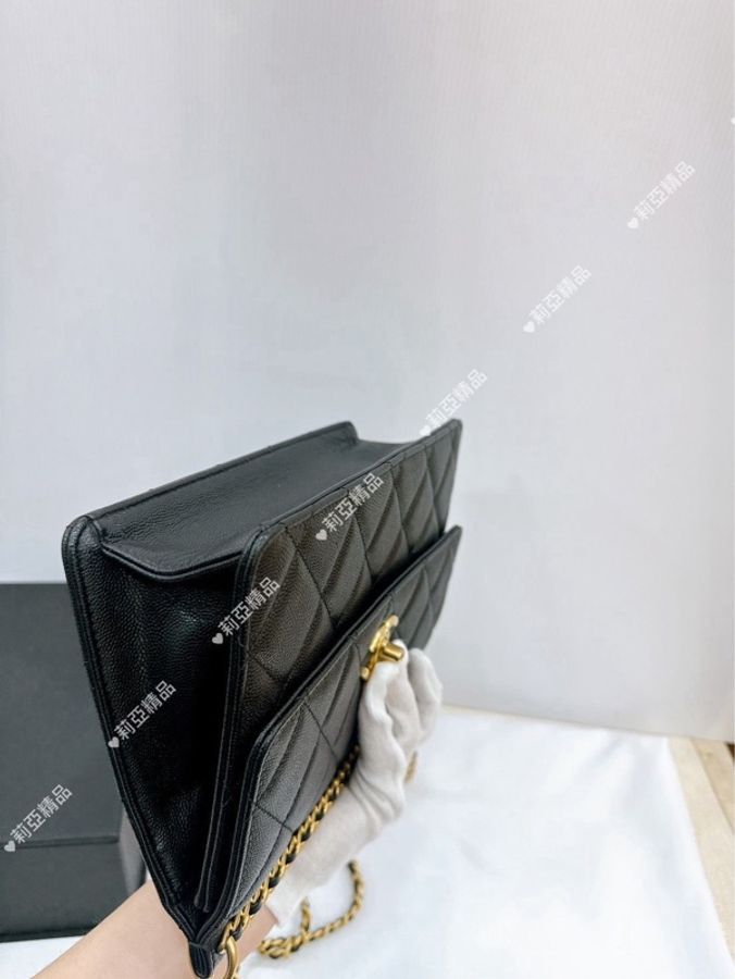莉亞精品♡ Chanel AS4157 23A 黑金荔枝皮上鍊翻蓋包 二手美包-10