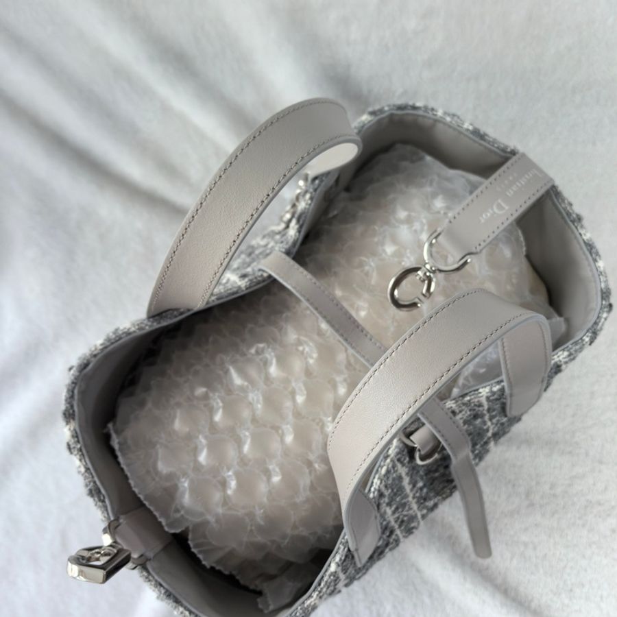 Dior 迪奧 Toujours 竪版 中號 手提包斜挎包 粗毛呢 灰色銀扣-6