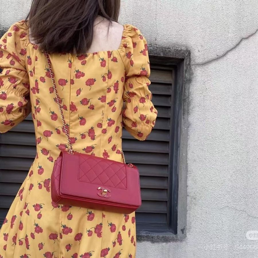 Chanel 紅色琺瑯扣CF鏈條包 金扣 菱格紋 雙蓋 牛皮29*18*8 98新配件塵袋-1