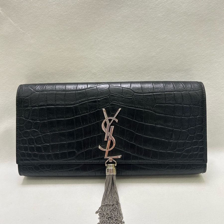YSL/聖羅蘭黑銀鰐魚紋,流蘇鏈條手拿包-0