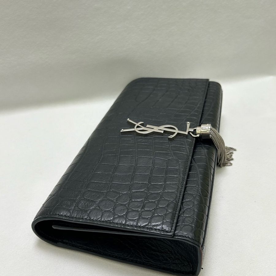 YSL/聖羅蘭黑銀鰐魚紋,流蘇鏈條手拿包-2