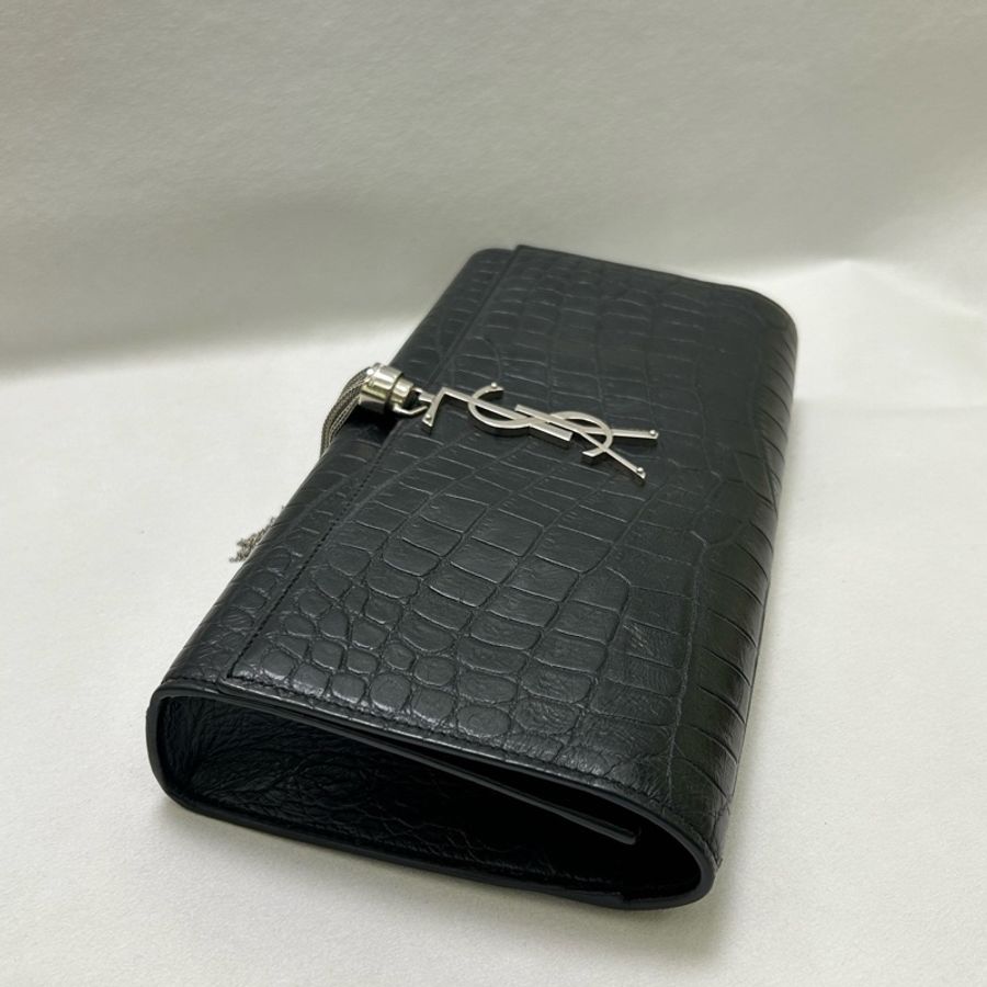 YSL/聖羅蘭黑銀鰐魚紋,流蘇鏈條手拿包-3