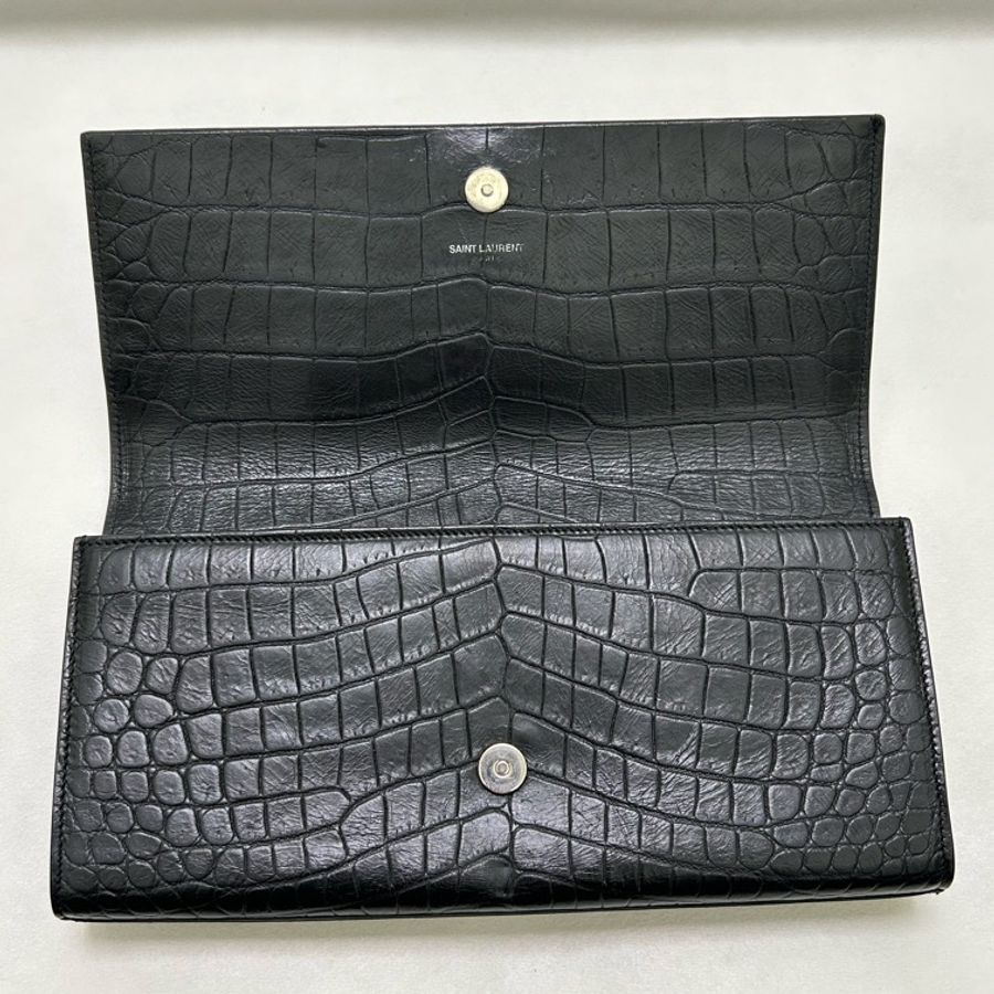 YSL/聖羅蘭黑銀鰐魚紋,流蘇鏈條手拿包-5
