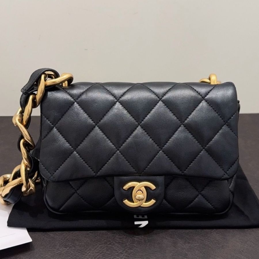 Chanel香奈兒 22S黑金菱格小羊皮粗鏈條皮穿鏈CF腋下包-2