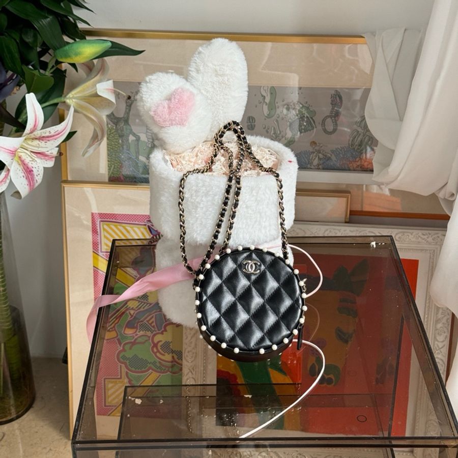 Chanel香奈兒 新款珍珠邊mini小圓餅 黑色牛皮 單肩斜挎包 29開 帶盒卡-5