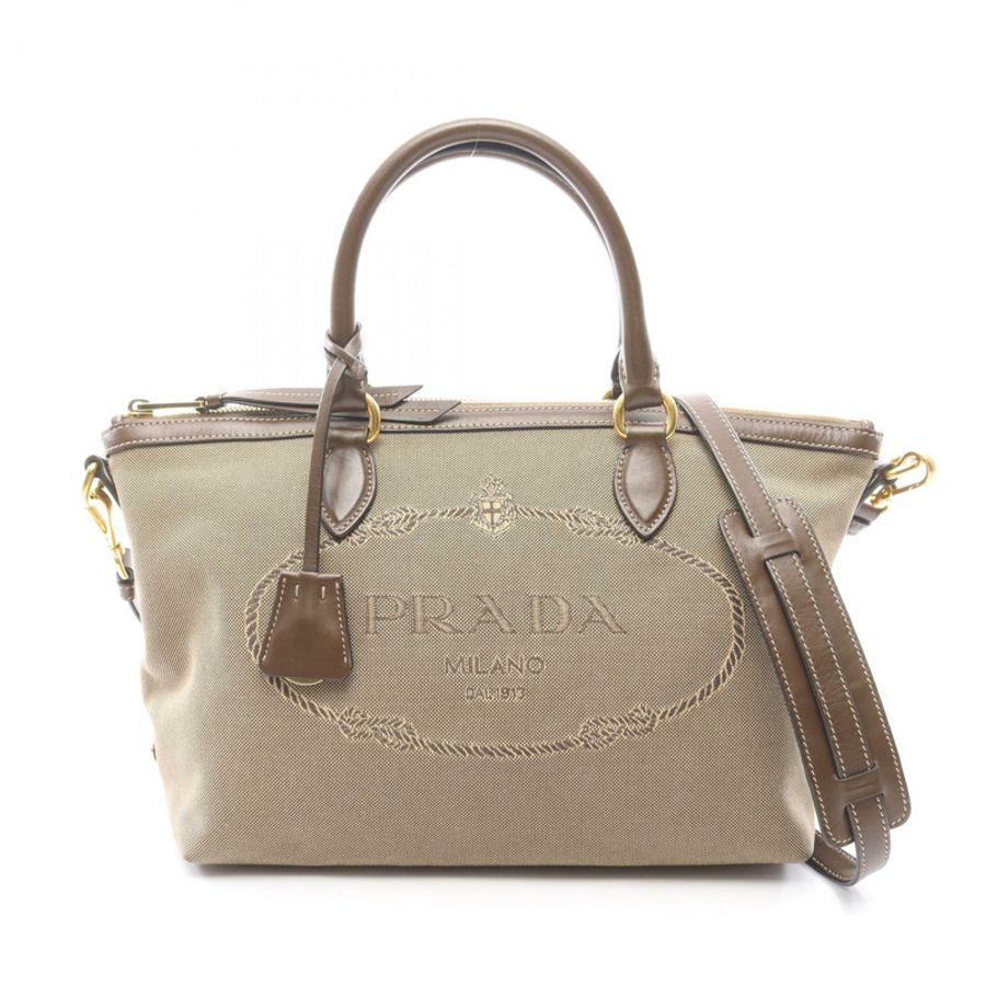 PRADA Logo提花雙肩手提包帆布皮革米色棕色二手女款-0