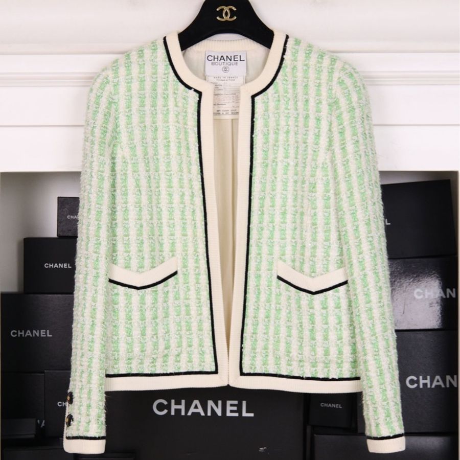 Chanel 92年秀款浅绿色格纹两口袋高腰半臀裙套装-0