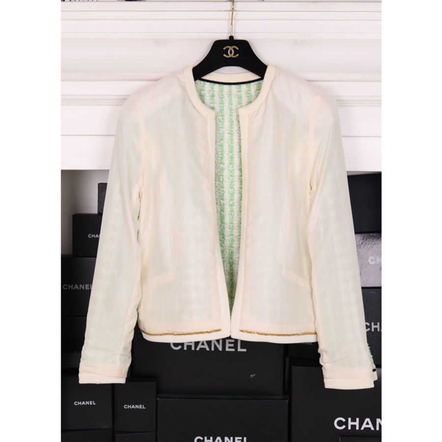 Chanel 92年秀款浅绿色格纹两口袋高腰半臀裙套装-5