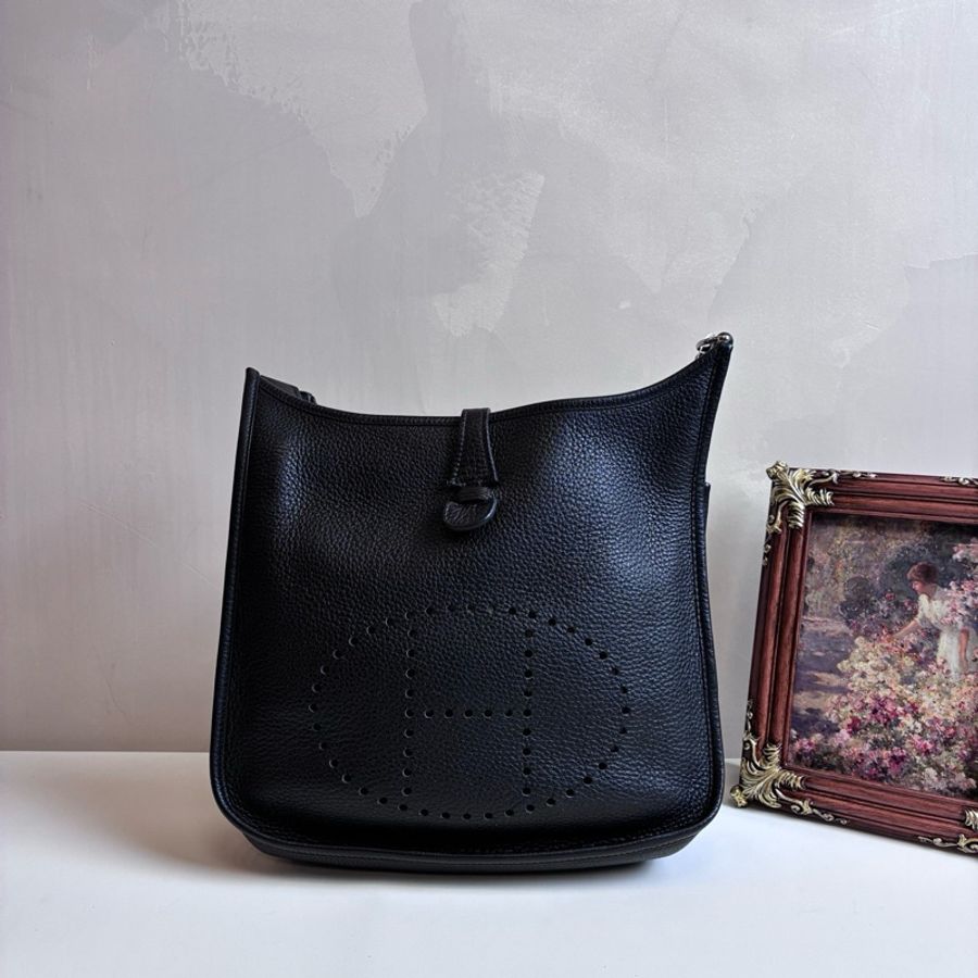 Hermes/愛馬仕 Evelyne29伊芙琳29 黑銀 單肩包 框P刻 肩帶可拆卸可調節 99新-0