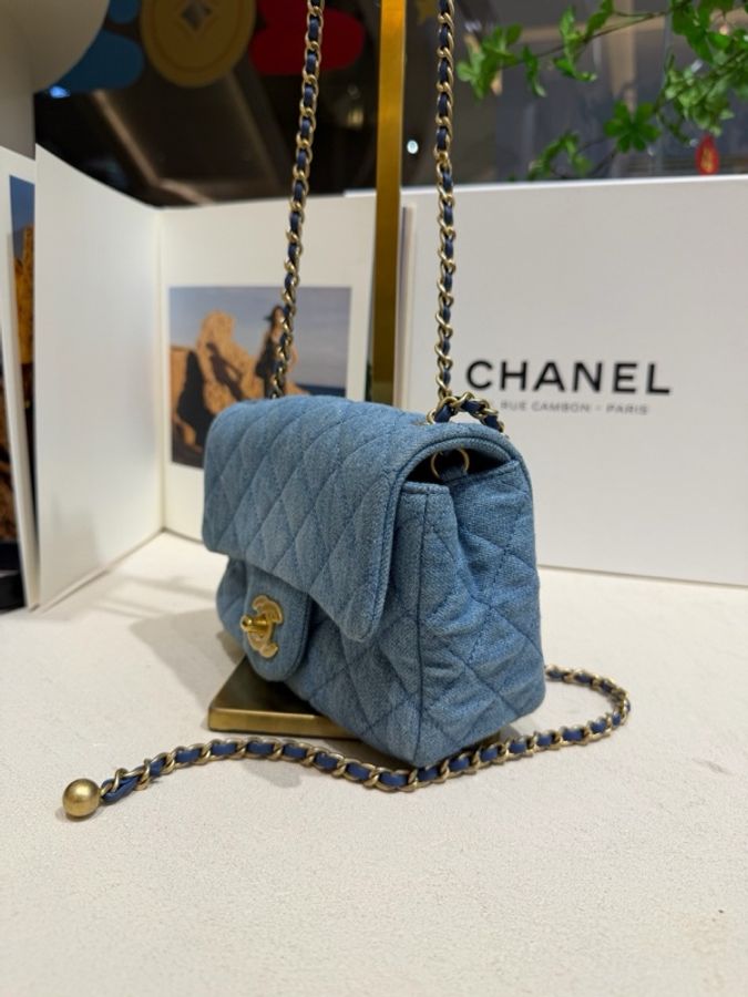 Chanel香奈兒 牛仔金球方胖子 芯片款肩背斜挎包 牛仔藍配-4