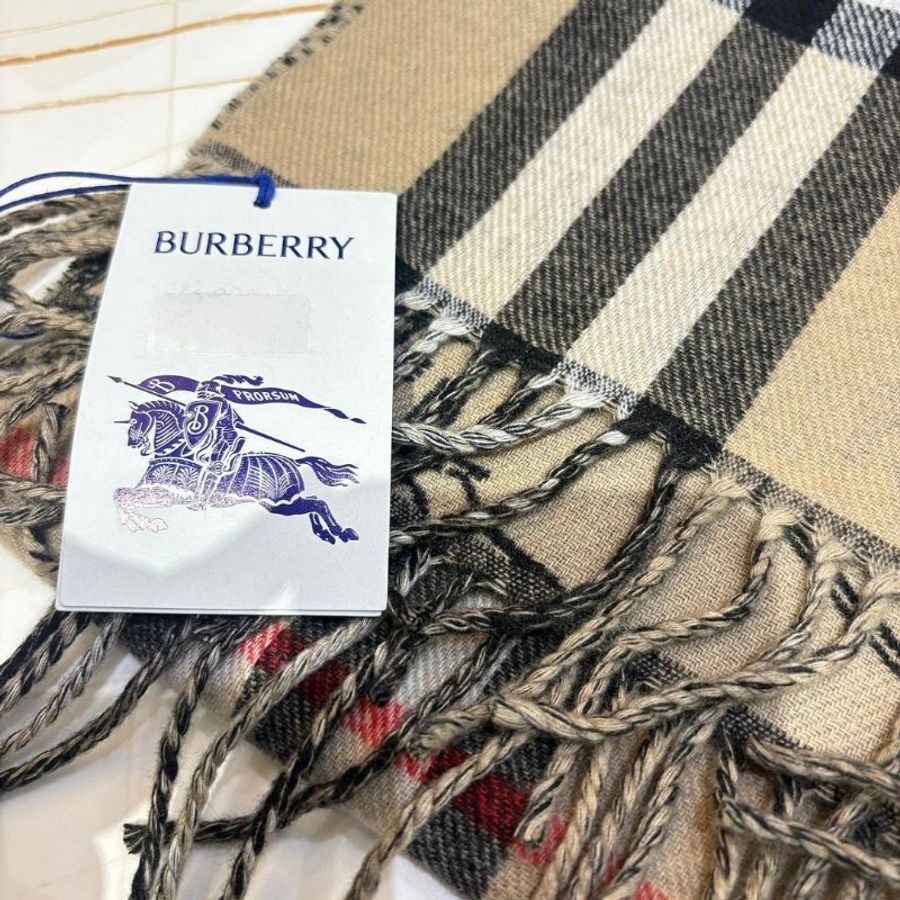 BURBERRY雙面兩用騎士標/格紋羊毛流蘇圍巾(米色)-3
