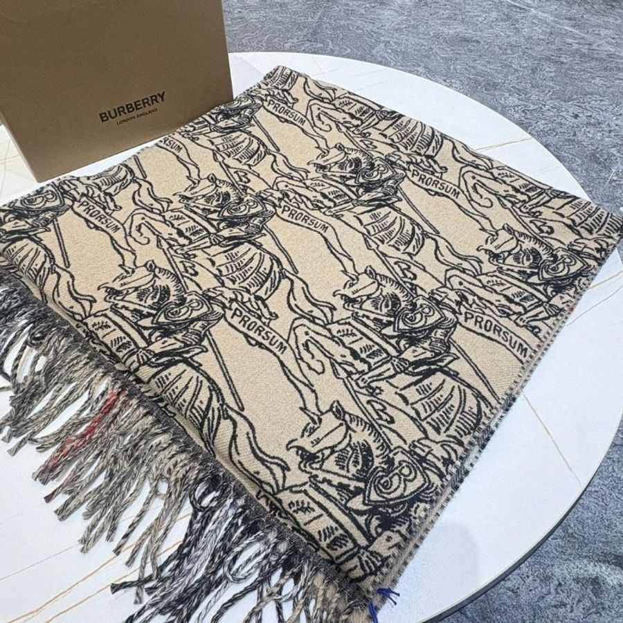 BURBERRY雙面兩用騎士標/格紋羊毛流蘇圍巾(米色)-4