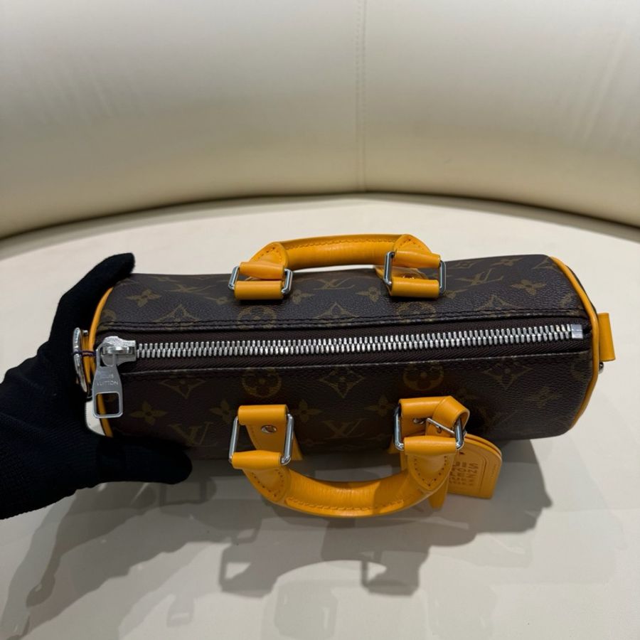 路易威登Louis Vuitton keepall25 棕老花滿印拼橙黃色 單肩包斜挎包 芯片款 附件:肩帶-5