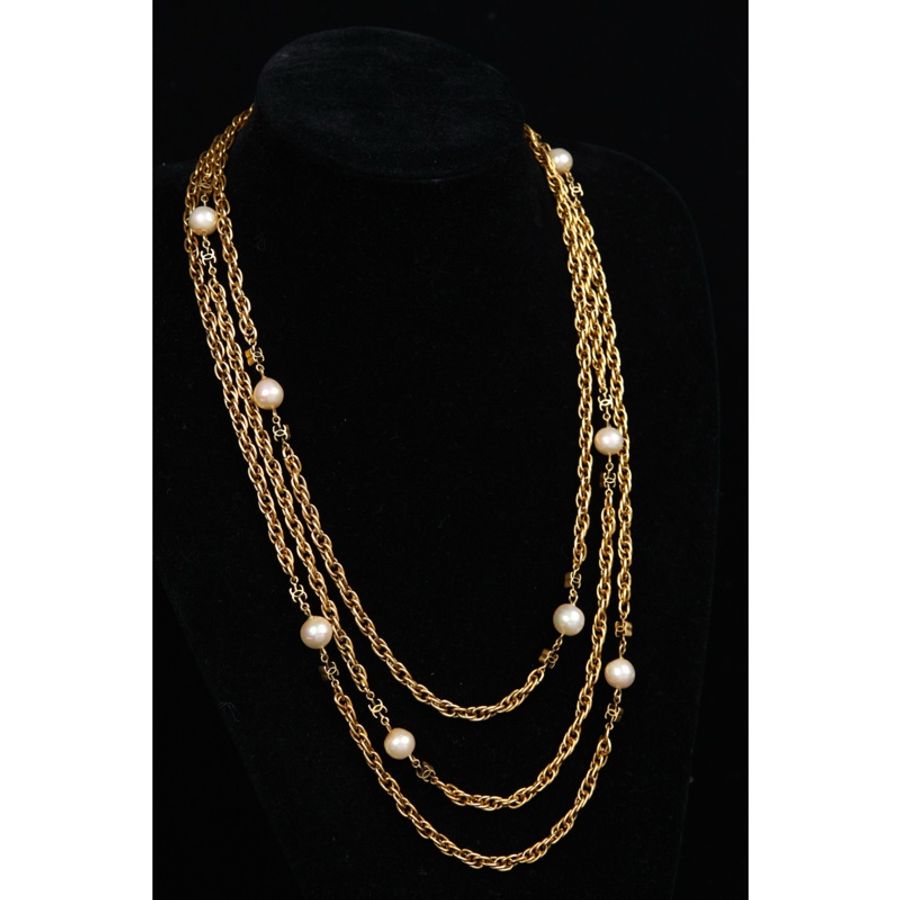Chanel 素金珍珠拼接长项链毛衣链-1