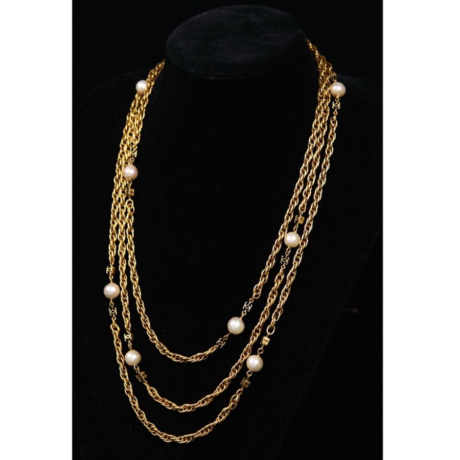 Chanel 素金珍珠拼接长项链毛衣链-4
