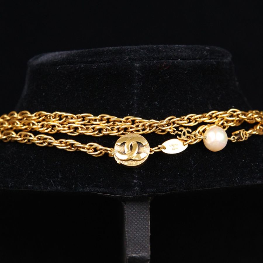 Chanel 素金珍珠拼接长项链毛衣链-6